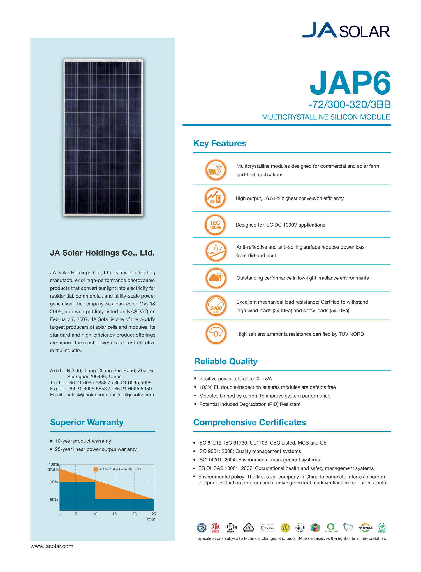 JA SOLAR 305 Watt PV Solar Panel Commercial / Residential / Agricultural uses